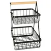 A black wire two-tier fruit basket with a wooden handle, isolated on a white background. Anteprima dell’immagine prodotto
