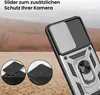 A close-up of a rugged phone case with a camera slider, set against a desert-like background. Insets show the camera slider mechanism. Produktbild-Vorschau