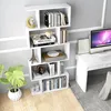 A white, multi-tiered bookshelf filled with books and decorative items, placed against a light gray wall. Produktbild-Vorschau