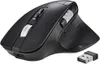 A black ergonomic wireless mouse and its USB receiver are shown on a white background. Produktbild-Vorschau