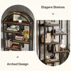 A collage of two images showing a tall, multi-shelf bookcase with a vintage industrial design. The left image features an arched top and decorative elements, while the right image shows a more standard rectangular bookcase. Náhled obrázku produktu