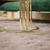A close-up view of the base of a round coffee table with gold-colored legs and a hint of a green upholstered chair in the background, resting on a soft, light pink rug. Produktbild-Vorschau