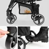 A collage of images showing different parts of a baby stroller, including its wheels, storage basket, and a foot brake. Produktbild-Vorschau