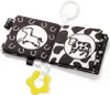 A black and white fabric book for babies, featuring farm animal illustrations and a yellow teether. Produktbild-Vorschau