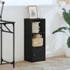 A black wooden bookshelf with three shelves and a cabinet door, placed next to a desk and a plant. Náhľad obrázku produktu