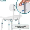 A close-up view of a white shower chair with a backrest, highlighting the tool-free assembly mechanism with a hand turning a blue knob. The KARAT logo is visible in the top left corner. Podgląd zdjęcia produktu