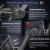 Close-up details of an electric bicycle, highlighting specific features with text descriptions. Produktbild-Vorschau