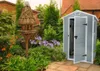 A garden shed is shown in a garden setting with plants and a bird feeder. Náhľad obrázku produktu