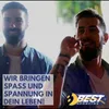 Two men playing darts, with text overlay and logo. Produktbild-Vorschau