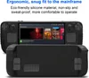 A black silicone protective case for a gaming console is shown from the front and back, with text describing its features. Produktbild-Vorschau
