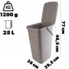 A gray plastic trash can with its lid open, shown with dimensions and capacity information. Podgląd zdjęcia produktu