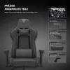 A dark gray gaming chair is shown with callouts highlighting its features. Produktbild-Vorschau