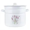 A white enamel pot with a lavender design and a lid, isolated on a white background. Produktbild-Vorschau