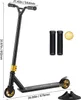 A black stunt scooter with gold accents is shown against a white background. Dimensions are indicated with text and lines. Náhled obrázku produktu