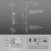 Diagrams and illustrations of a shower system with dimensions and included accessories, along with icons representing different shower functions. Produktbild-Vorschau