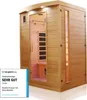 An infrared sauna cabin is shown from a slightly angled front view, with a small review badge in the bottom left corner. Produktbild-Vorschau
