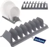 A collage of images showcasing a gray plastic dish rack, with a close-up of plates in one section. Produktbild-Vorschau