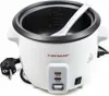 A white electric rice cooker with a black lid and a white rice paddle inside. Produktbild-Vorschau