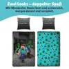 A collage of Minecraft-themed bedding and pillowcases, showcasing two different designs. Produktbild-Vorschau