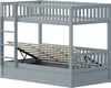 A gray bunk bed with the bottom mattress support mechanism lifted to reveal storage. Náhled obrázku produktu