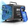 A black ozone generator with a blue 'NO ENTRY' sign hanging from it, with blue air currents and green leaves emanating from the side. Podgląd zdjęcia produktu