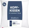 A white pillow with a blue label attached. Produktbild-Vorschau