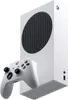 A white Xbox Series S console with a white controller in front of it, isolated on a white background. Voir les images du produit