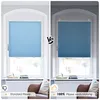A split image showing two windows with blue pleated blinds. The left side shows a standard blind with light filtering through, and the right side shows a 100% blackout blind. Produktbild-Vorschau