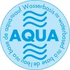 A circular graphic with the word AQUA in large blue letters in the center, surrounded by wavy lines representing water. Text in multiple languages is arranged around the circle. Anteprima dell’immagine prodotto