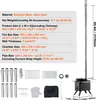 A diagram showing the specifications and accessories of a portable wood stove, with a separate image of the assembled stove in use. Anteprima dell’immagine prodotto