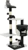 A cat tree with multiple levels and scratching posts, featuring three cats interacting with it. Produktbild-Vorschau