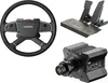 A collage of three separate gaming peripherals: a steering wheel, a set of pedals, and a direct drive wheel base. Produktbild-Vorschau