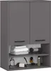 A gray bathroom wall cabinet with two doors and open shelves displaying towels, a hairdryer, soap, and bottles. Anteprima dell’immagine prodotto