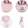 Collage of close-up shots of a pink baby high chair, showing its tray, wheels, and folded state. Produktbild-Vorschau