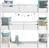 A white triple bunk bed with various pillows and a bunny toy. Náhľad obrázku produktu