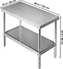 A stainless steel work table with dimensions indicated. Voir les images du produit