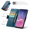A blue leather wallet-style phone case is shown open, displaying card slots and a phone screen. Produktbild-Vorschau