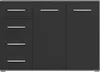 A dark gray sideboard with two doors on the right and four drawers on the left, set against a light gray and white background. Voir les images du produit
