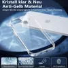 A clear phone case is shown on top of a silver smartphone, with a blue, watery background. Below the phone are four icons with text describing features. Podgląd zdjęcia produktu