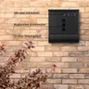 A black mailbox mounted on a brick wall, with text annotations highlighting its features. Produktbild-Vorschau