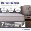A mattress is shown in a bedroom setting with marketing text and icons highlighting its features. Produktbild-Vorschau