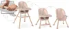 A collage showing a baby high chair in different configurations, with a close-up of hands assembling a part of it. Voir les images du produit