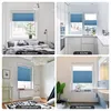 A collage of four images showing blue pleated blinds installed in different rooms: a bedroom, a kitchen, a child's room, and a bathroom. Produktbild-Vorschau