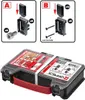 The image shows two instructional diagrams labeled A and B, demonstrating how to assemble connectors, and a storage case containing the connectors. Produktbild-Vorschau