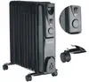 A black Volteno electric oil radiator with wheels, shown from the front-left. Inset images show close-ups of the control panel and a wheel. Podgląd zdjęcia produktu