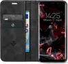 A black flip phone case with card slots and a banknote, next to a smartphone displaying the time and date. Produktbild-Vorschau