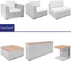A collage of outdoor furniture pieces, including armchairs, a console table, a coffee table, and an end table, all in a light gray woven material with wood accents. Produktbild-Vorschau