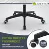 A close-up view of a black office chair base with five wheels, presented against a light gray and white background. Text overlays highlight product features. Podgląd zdjęcia produktu