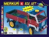 A toy truck made of metal construction pieces, presented on a dark blue background with promotional text and graphics. Produktbild-Vorschau