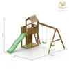 A 3D rendering of a wooden playground set with a slide and swings, featuring dimensions indicated by lines and text. Produktbild-Vorschau
